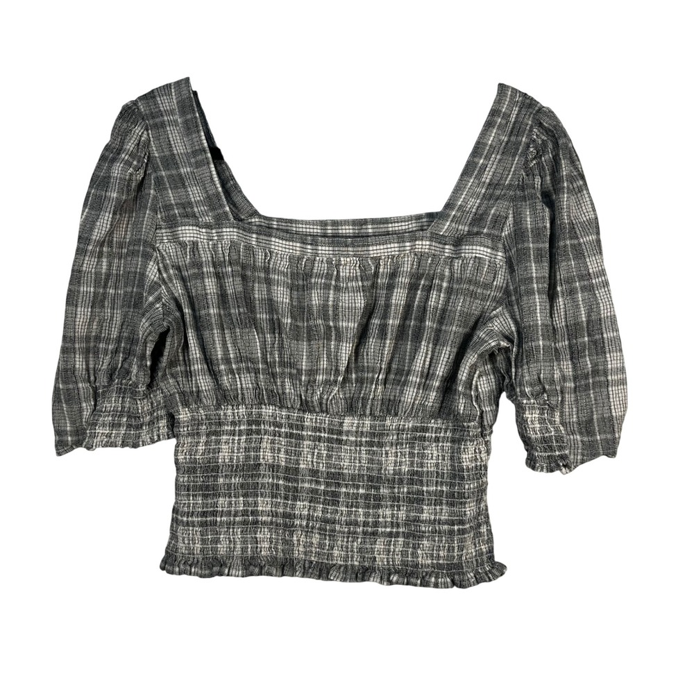 Universal Thread Plaid Puff Sleeve Top Women's Black‎ White Smocked Blouse Size
